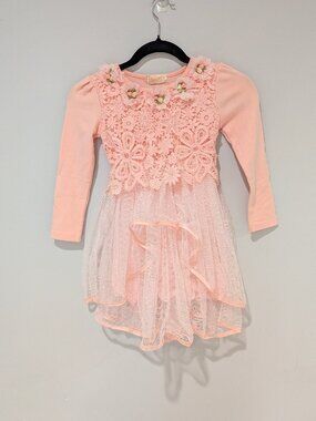 Peach Pink Lace 3D Floral High-Low Tulle Dress 120 US 5/6